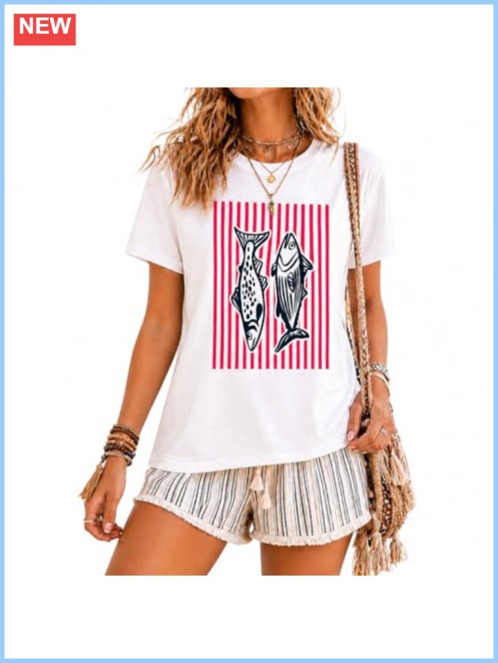 Oversized Vintage Fish Graphic Tee Y2K Beach Shirt 100% Cotton